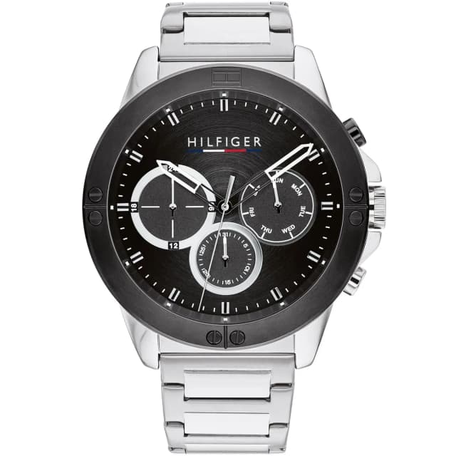 Front view of Tommy Hilfiger men's watch model 1791890 featuring the black dial, silver-tone case, and full metal strap