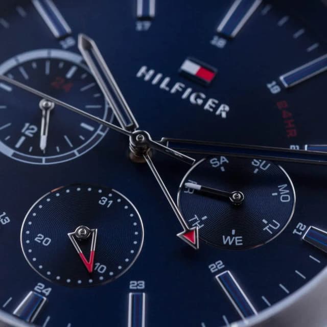 Close-up of the blue dial with silver-tone hands