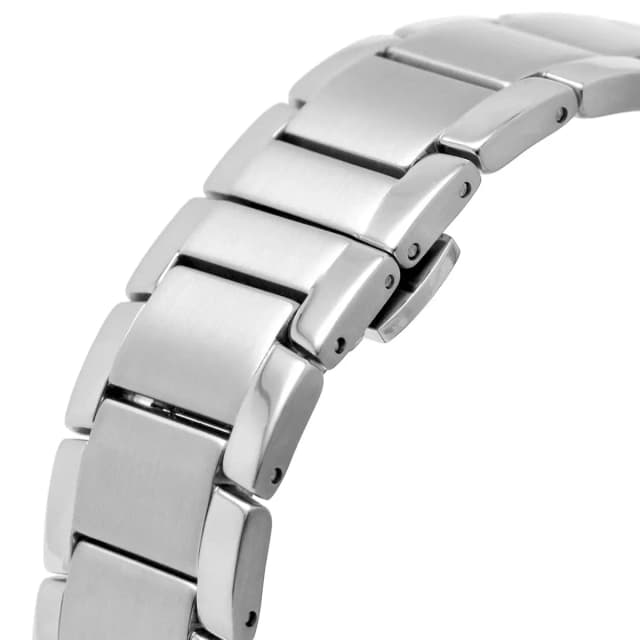 Close-up of the stainless steel bracelet with fine links.