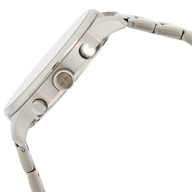 Close-up of the watch crown with Tommy Hilfiger logo detail