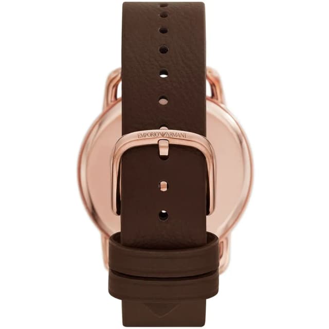 Detailed shot of the brown leather strap with fine stitching.