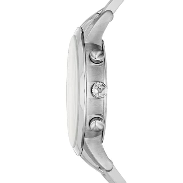 Detailed view of the crown engraved with the Armani logo.