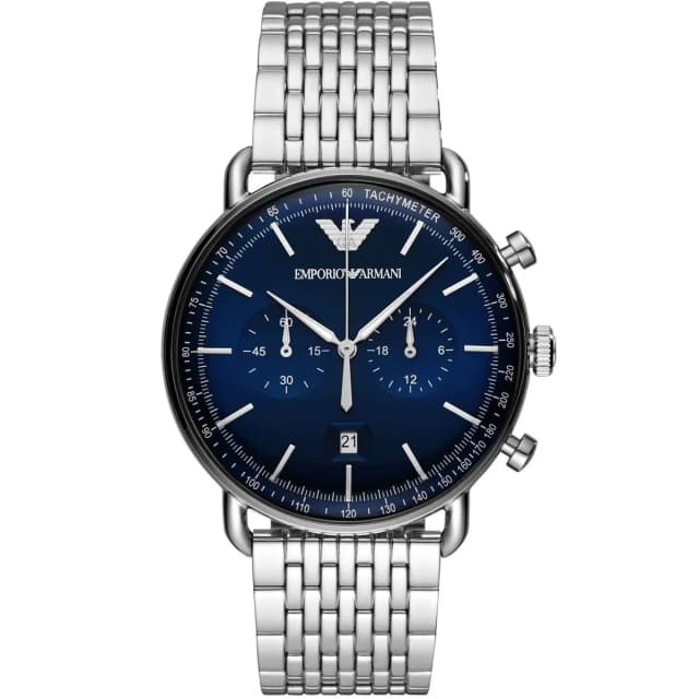 Front view of Emporio Armani blue dial watch