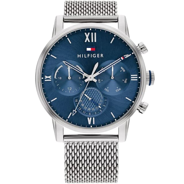 Front view showing the blue dial and sleek silver design.