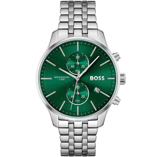 Front view showing the green dial and silver strap