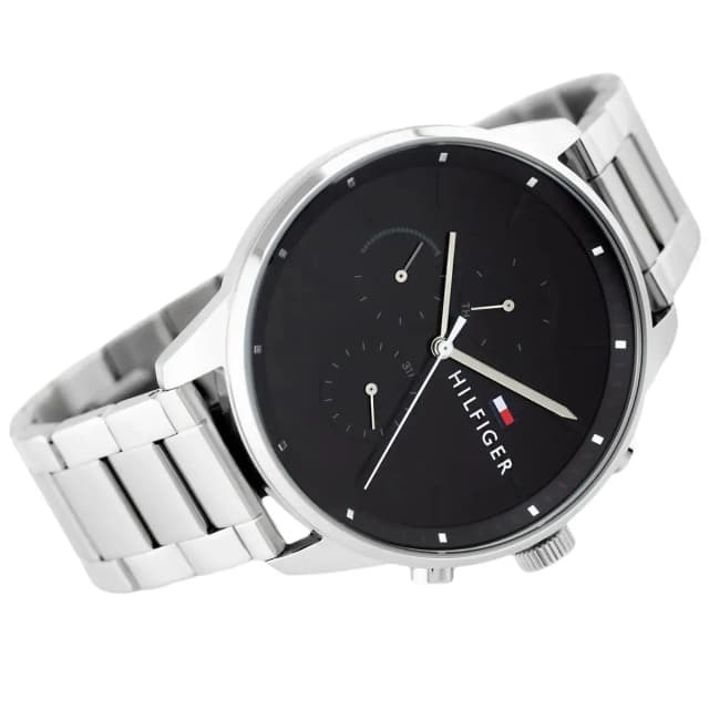 Minimalist black dial with silver markers and clean lines
