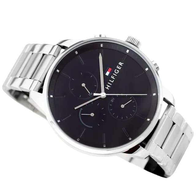 Minimalist black dial with silver markers and clean lines