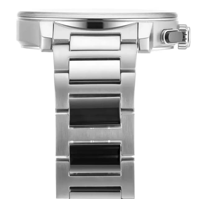 Polished stainless steel strap with solid, masculine links