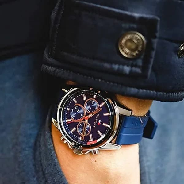 The Tommy Hilfiger 17917914 worn on wrist for size reference.